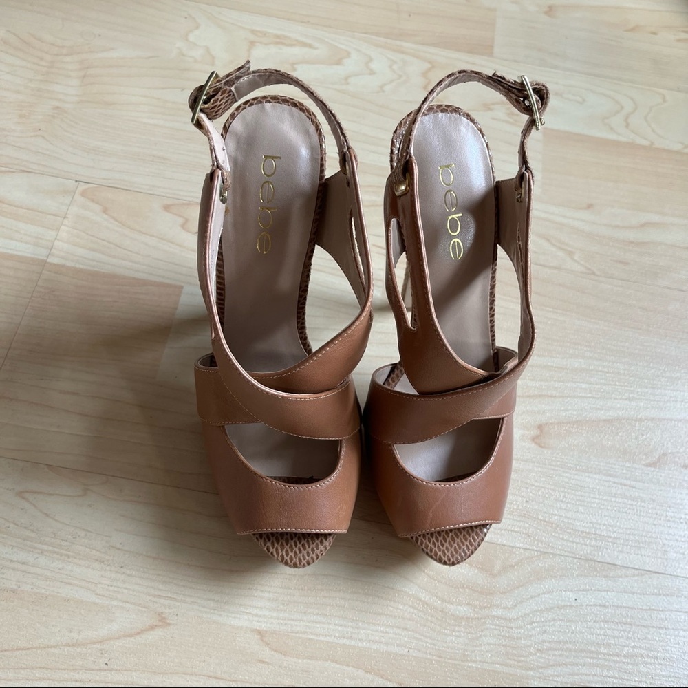 Bebe Brown Snakskin Print Leather Heels Straps Pumps Size 7 A